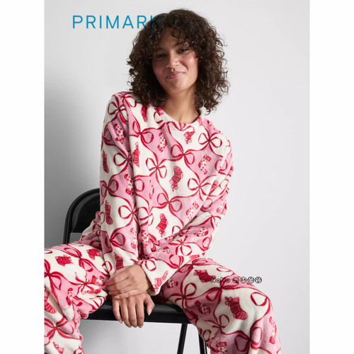 英国Primark女款成人大童加厚粉红色蝴蝶结长袖家居服睡衣裤新款