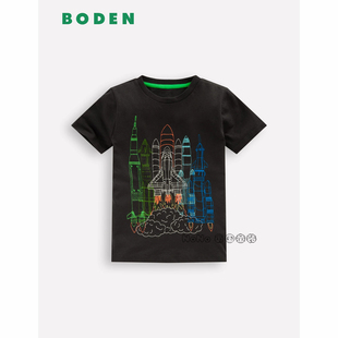 代购英国Mini BODEN男童黑灰色火箭刺绣短袖T恤全棉2-12岁B3153