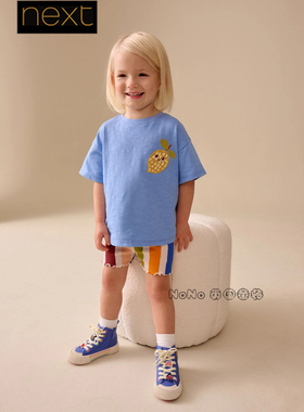 英国Next女童蓝色柠檬条纹刺绣T恤上衣短裤全棉套装1-7岁H98-358