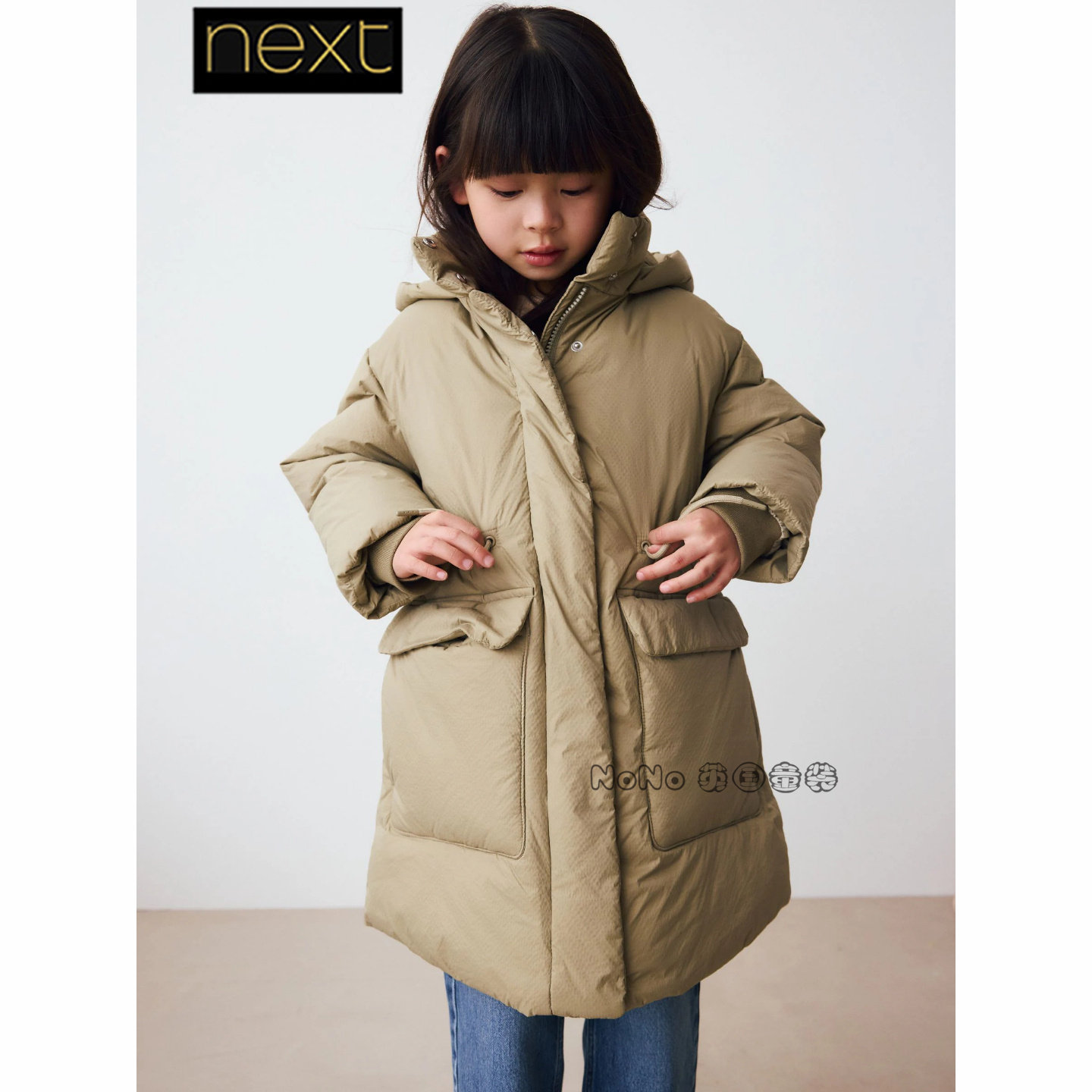 英国Next女大童亲子灰绿色外套加厚长款棉服防雨雪3-16岁AY8-936
