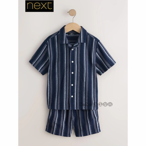 Next英国男大童蓝色条纹衬衫短袖短裤纯棉套装3-16岁新款W95-925