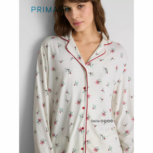 英国Primark女款成人大童乳白红色碎花柔软长袖家居服睡衣裤新款