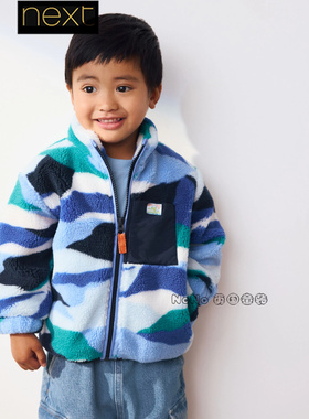 英国Next正品代购男童蓝绿白色羊羔毛外套加厚纯棉内衬F14-685
