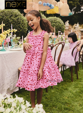 英国Next女大童亲子粉红色爱心吊带连衣裙礼服裙3-16岁V08-158