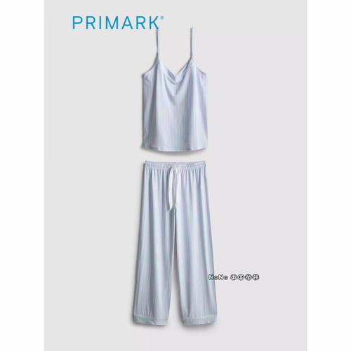 代购英国Primark女款大童粉蓝色条纹蝴蝶结吊带家居服睡衣长裤