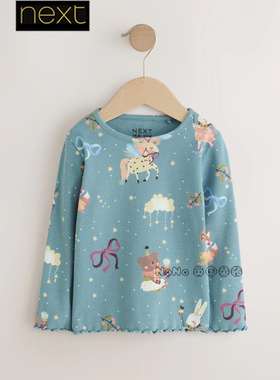 英国Next正品代购女童纯棉蓝色独角兽小熊长袖T恤运动衫F74-398