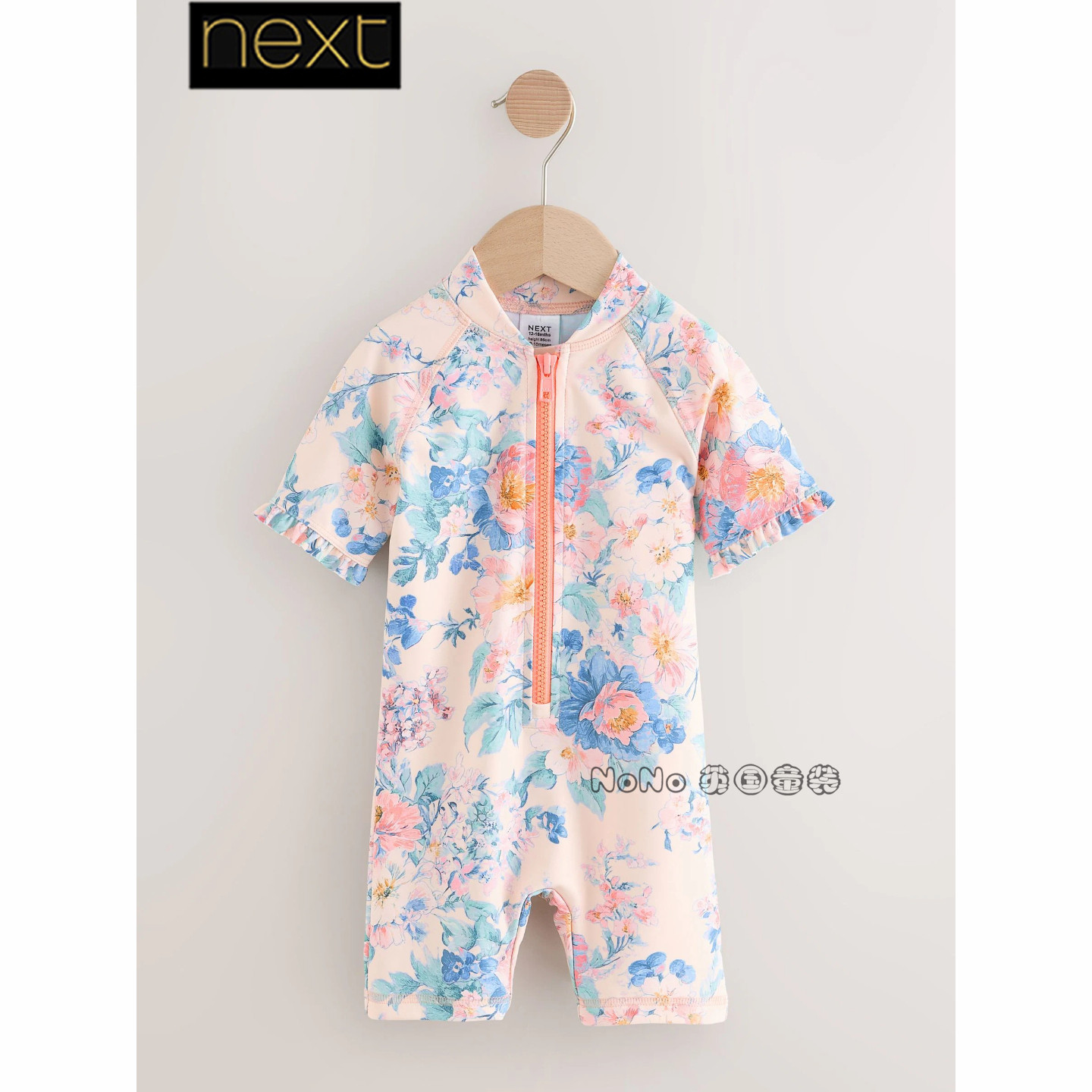 英国Next正品代购女童粉色花朵连体泳衣拉链短袖套头W45-721