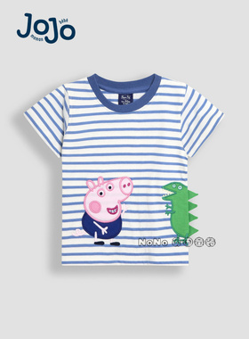 英国Jojo Maman Bebe儿童蓝色条纹小猪乔治佩奇恐龙T恤棉AU0-602