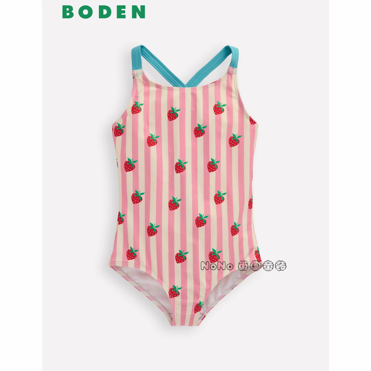 英国Mini BODEN粉色条纹草莓吊带连体泳衣温泉防晒2-14岁G5923