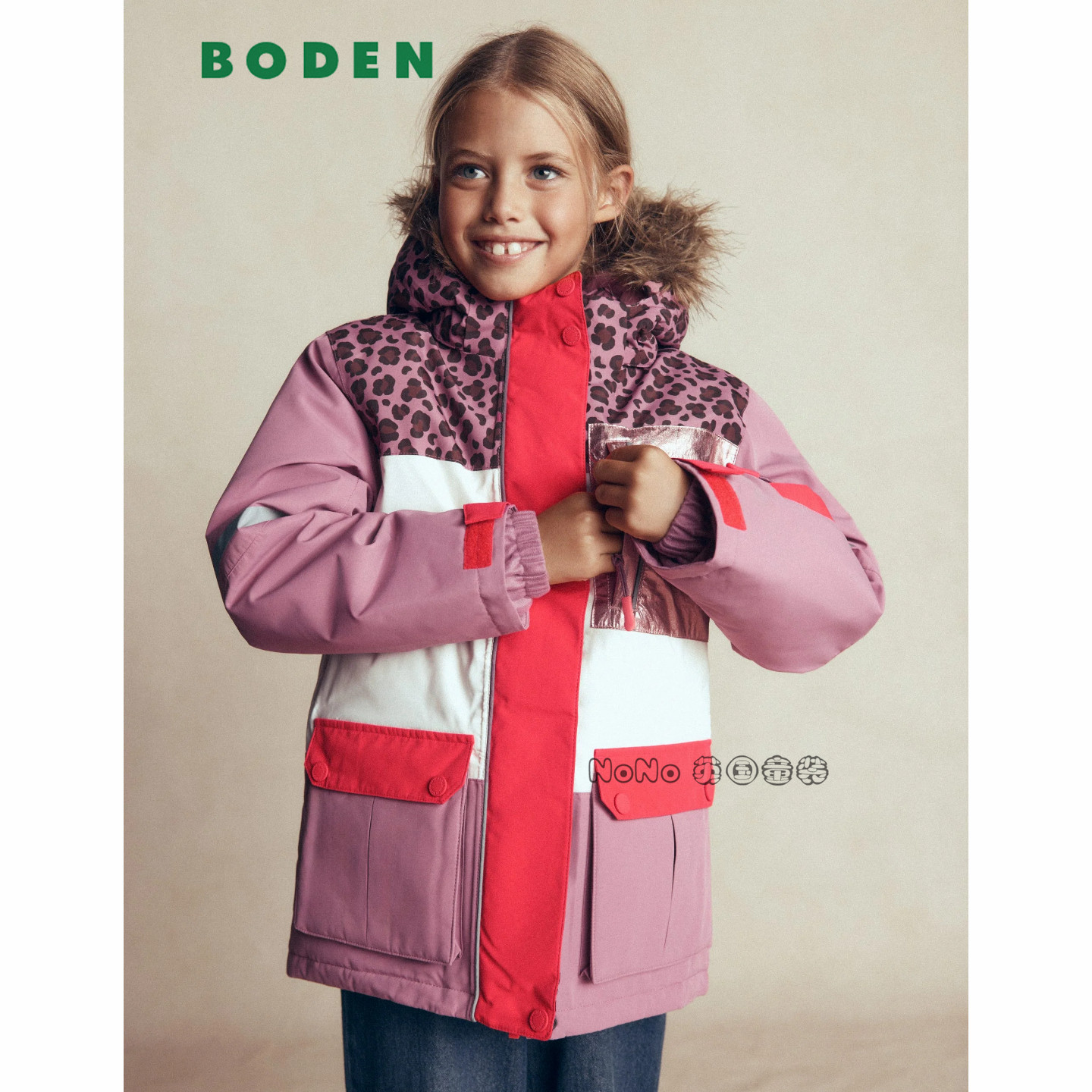 英国Mini BODEN女童粉色豹纹滑雪派克防雨雪外套棉服加厚衣G5566
