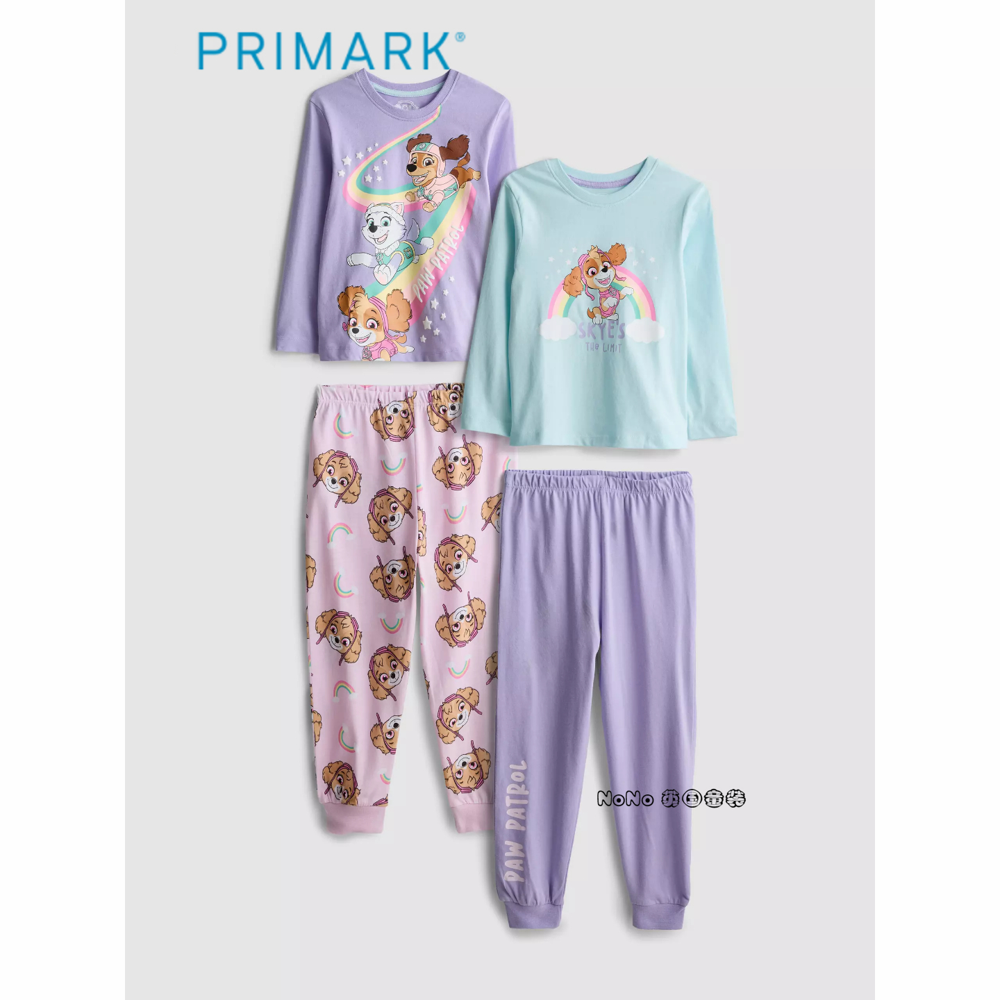 代购英国Primark女童蓝紫色汪汪队阿奇长袖家居服睡衣裤纯棉1-8岁