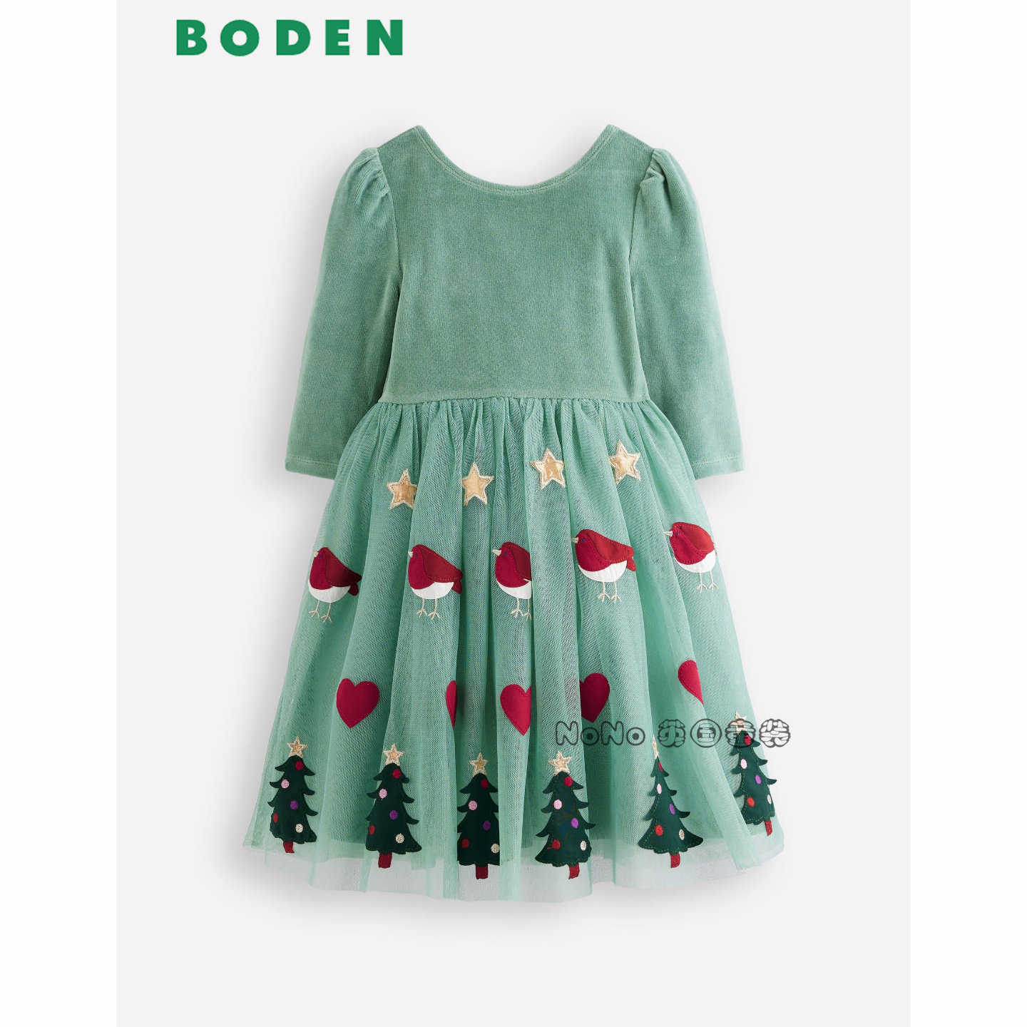 英国Mini Boden女童绿色丝绒圣诞礼服连衣裙网纱刺绣2-10岁G5580