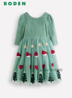 英国Mini Boden女童绿色丝绒圣诞礼服连衣裙网纱刺绣2-10岁G5580
