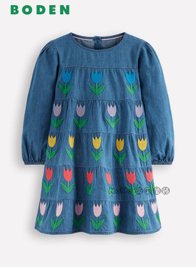 代购英国Mini Boden女童牛仔花朵贴布长袖连衣裙全棉2-12岁G5787