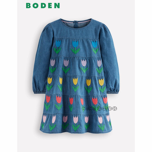 代购英国Mini Boden女童牛仔花朵贴布长袖连衣裙全棉2-12岁G5787