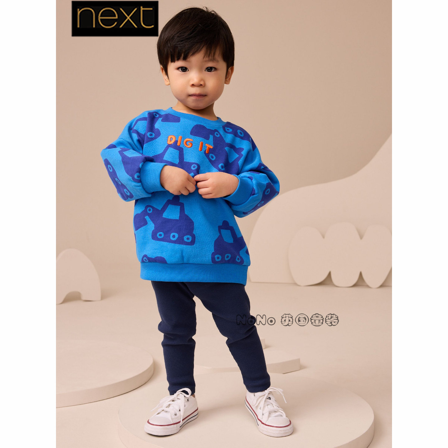 英国Next正品代购男童蓝色挖掘机圆领卫衣打底裤套装纯棉F15-054