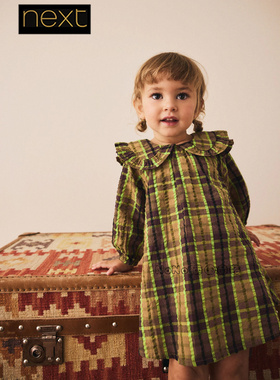 英国Next代购女童绿色格子连衣裙长袖1-8岁纯棉娃娃领W31-343