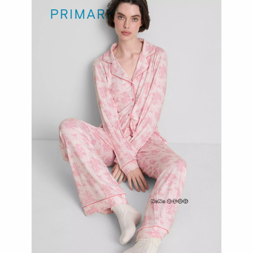 代购英国Primark女款成人大童粉色花朵开衫长袖家居服长睡衣裤