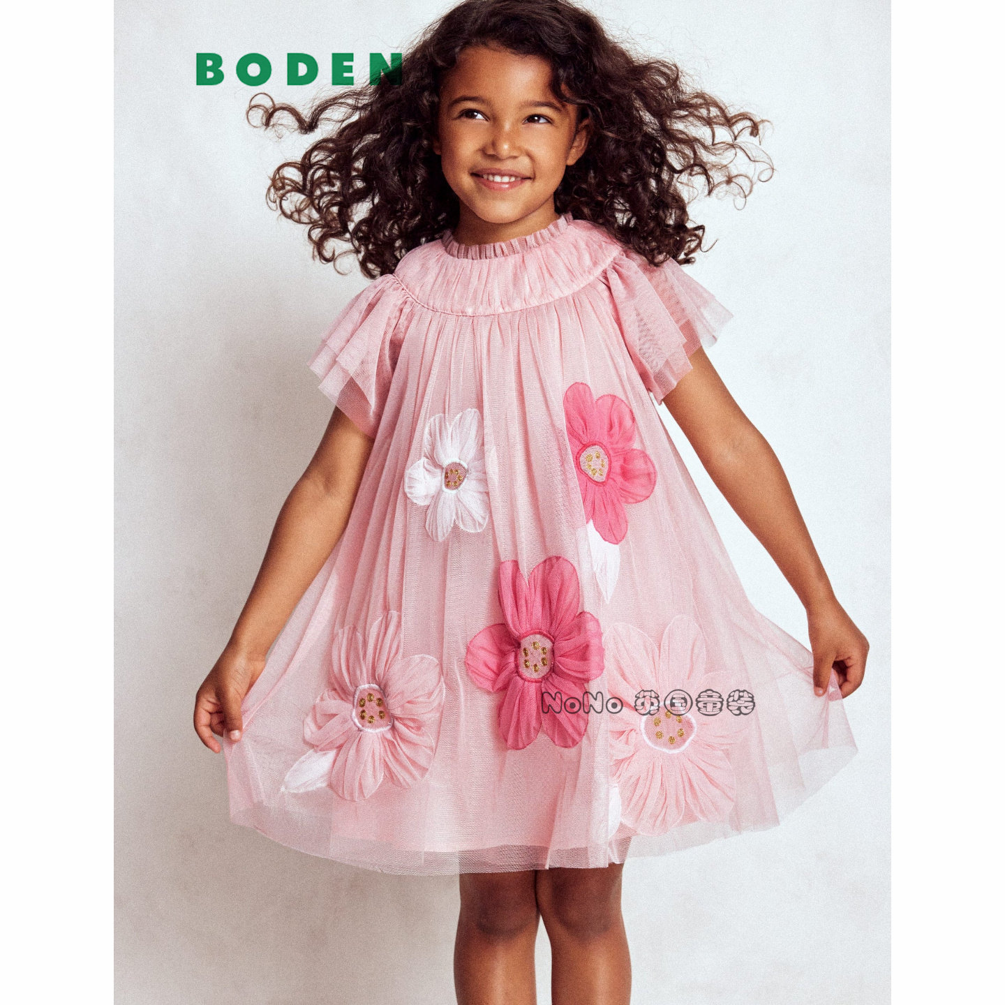 英国Mini Boden正品女童25新款粉红色贴花朵短袖礼服网纱连衣裙