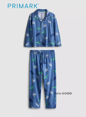 代购英国Primark男童蓝色恐龙印花长袖家居服睡衣裤纯棉开衫1-8岁