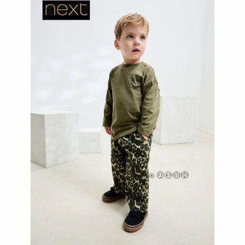 Next英国正品代购男童绿色豹纹印花宽松牛仔裤松紧腰纯棉AW3-584