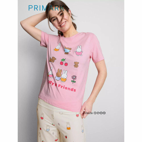 英国Primark女款成人大童粉色米菲兔短袖家居服睡衣长裤全棉新款