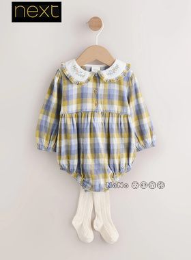 英国Next婴儿童蓝黄色娃娃领刺绣长袖包屁衣连裤袜套装AN7-957