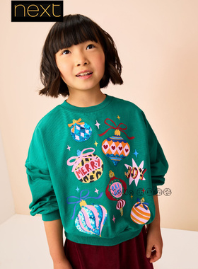 英国Next女大童亲子绿色圣诞亮片长袖T恤运动纯棉3-16岁F69-694