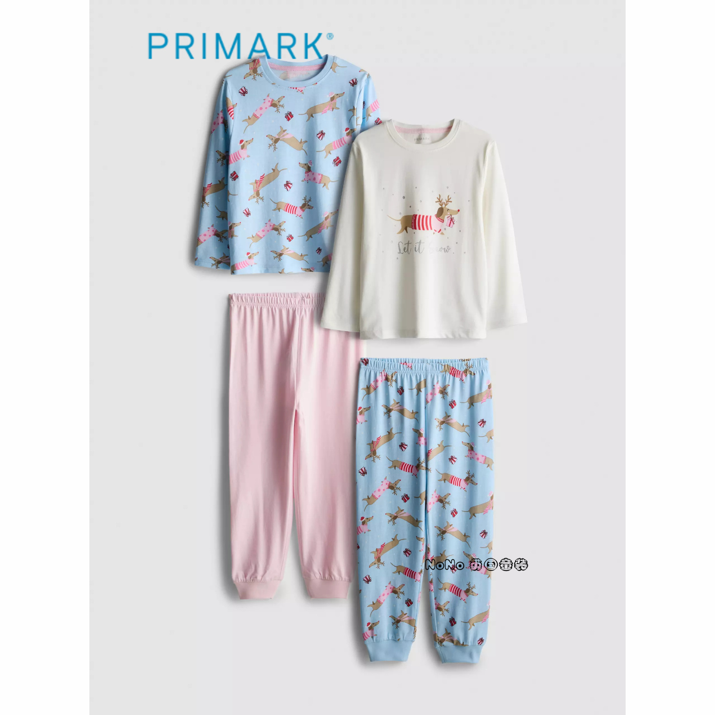 代购英国Primark女童粉蓝色腊肠小狗长袖家居服睡衣裤纯棉1-8岁