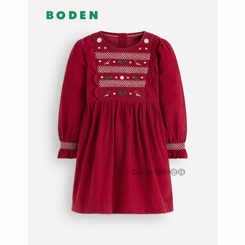 英国Mini Boden女童新年红色打揽刺绣长袖连衣裙2-12岁新款G6161