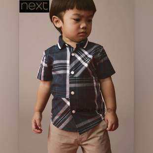 純棉襯衣E32 Next英國正品 656 襯衫 男童藍(lán)灰色格子短袖 代購 新款