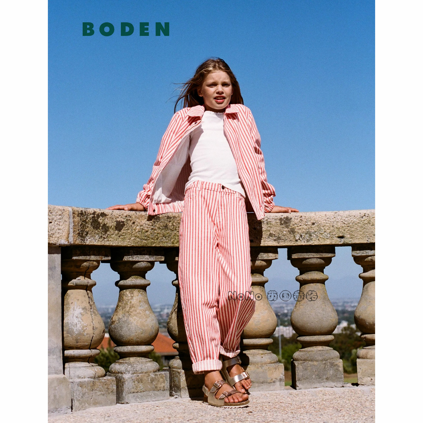 英国Mini Boden正品女童红白色条纹牛仔裤长裤全棉2-12岁G5740