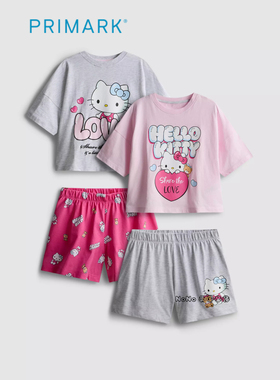 代购英国Primark女童粉灰色kitty短袖家居服睡衣裤纯棉两套5-15岁