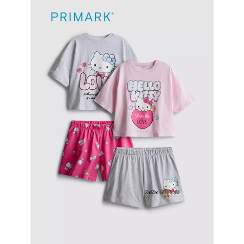 代购英国Primark女童粉灰色kitty短袖家居服睡衣裤纯棉两套5-15岁