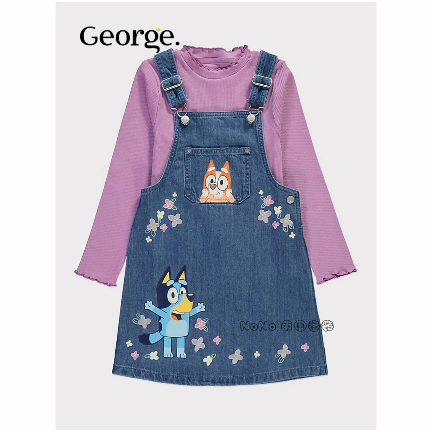 英国乔治George女童布鲁伊宾果牛仔背带裙长袖T恤套装1310698