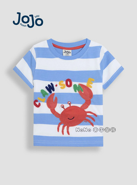 现货英国Jojo Maman Bebe儿童蓝色条纹螃蟹贴布刺绣T恤纯棉