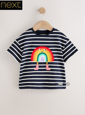 英国Next正品代购女童蓝色条纹彩虹贴布短袖T恤运动衫纯棉F45-053