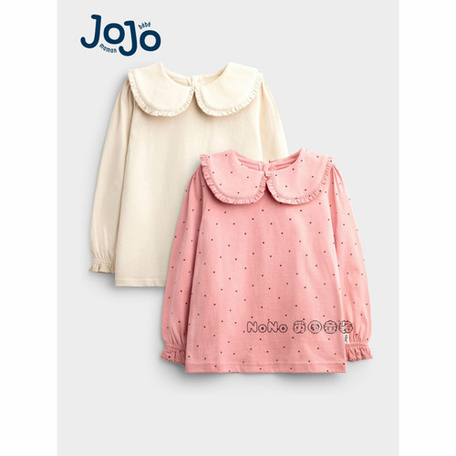 英国Jojo Maman Bebe女童粉白色娃娃翻领长袖T恤全棉新款K94-270