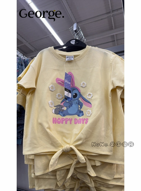 英国乔治George正品代购女大童黄色史迪仔奇袖T恤刺绣纯棉1272606