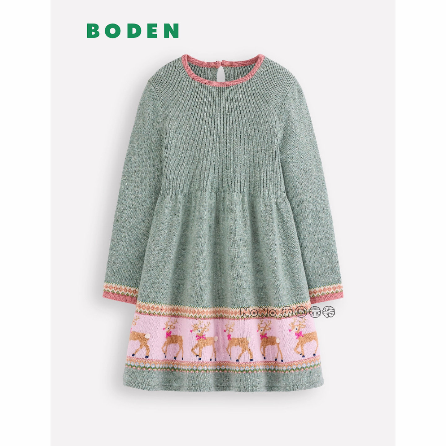 英国Mini Boden女童绿色小鹿长袖连衣裙羊毛毛衣裙针织2-7岁G5638