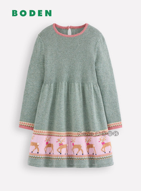 英国Mini Boden女童绿色小鹿长袖连衣裙羊毛毛衣裙针织2-7岁G5638