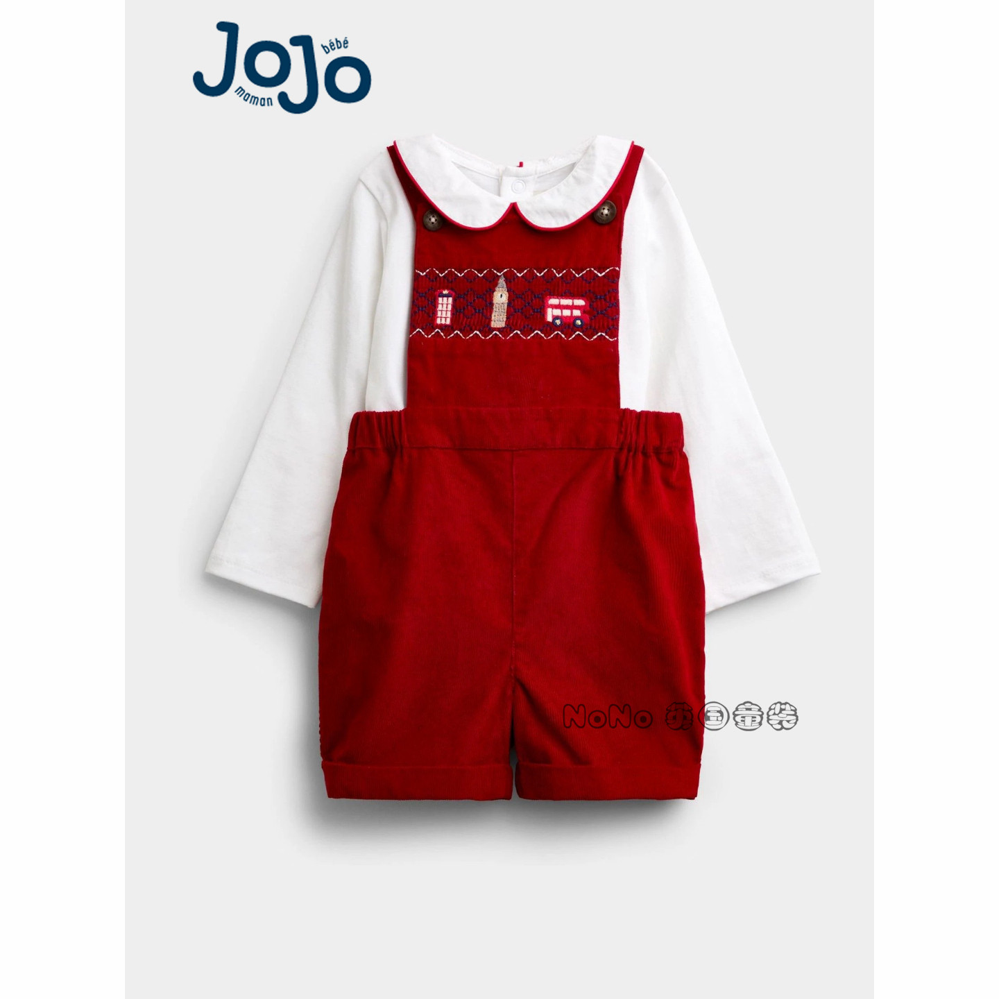 英国JOJO Maman Bebe婴儿包屁衣红色巴士刺绣背带裤套装Y82-463
