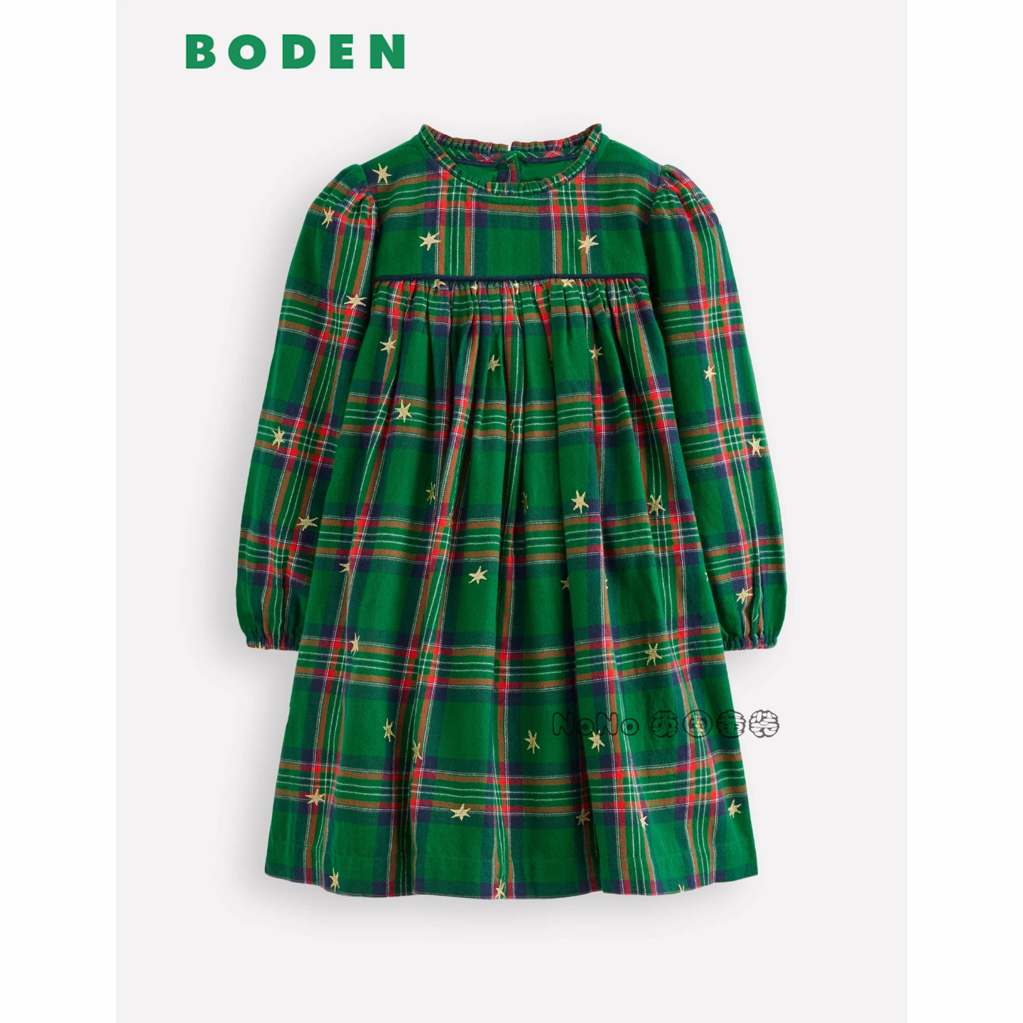 英国Mini Boden女童绿色格子刺绣长袖连衣裙纯棉2-12岁新款G5695
