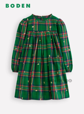英国Mini Boden女童绿色格子刺绣长袖连衣裙纯棉2-12岁新款G5695
