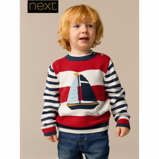 英国Next正品代购男童红白蓝色条纹帆船针织衫毛衣圆领E27-746
