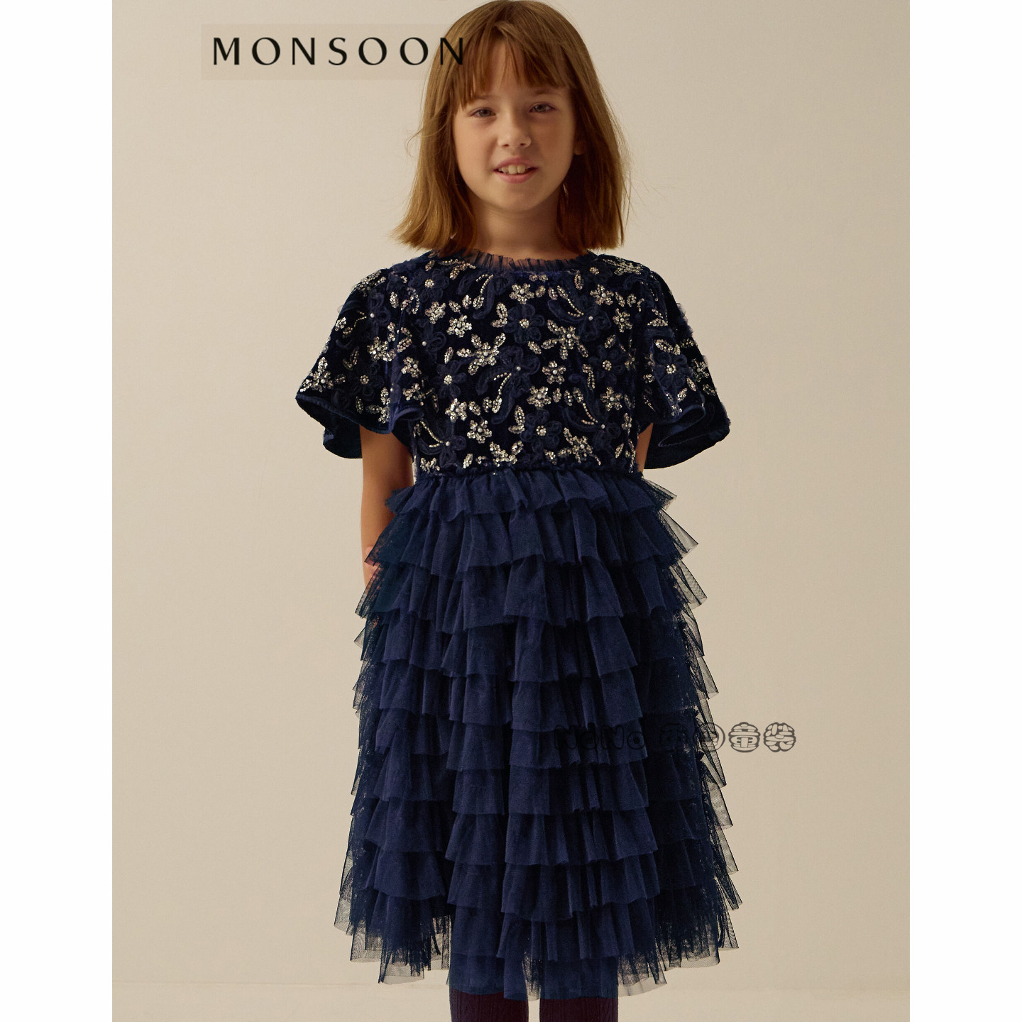 英国Monsoon女童蓝色重工刺绣tutu礼服演出连衣裙3-13岁60003