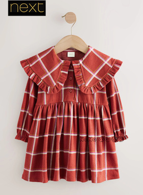 英国Next代购女童红色格子翻领长袖纯棉连衣裙生日宴会AP9-488