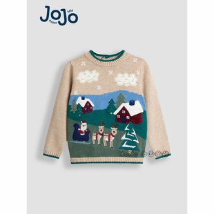 英国JoJo Maman Bebe男童圣诞老人驯鹿雪景毛衣针织衫纯棉F96-728