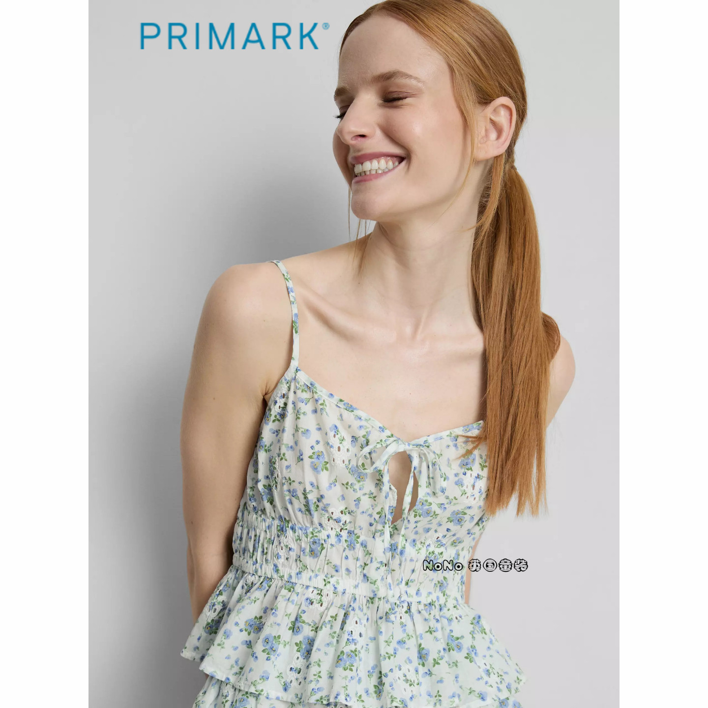 代购英国Primark女款成人大童蓝绿色碎花少女吊带家居服睡衣短裤