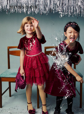 英国Monsoon女童红色丝绒刺绣礼服演出连衣裙3-15岁新款251-352